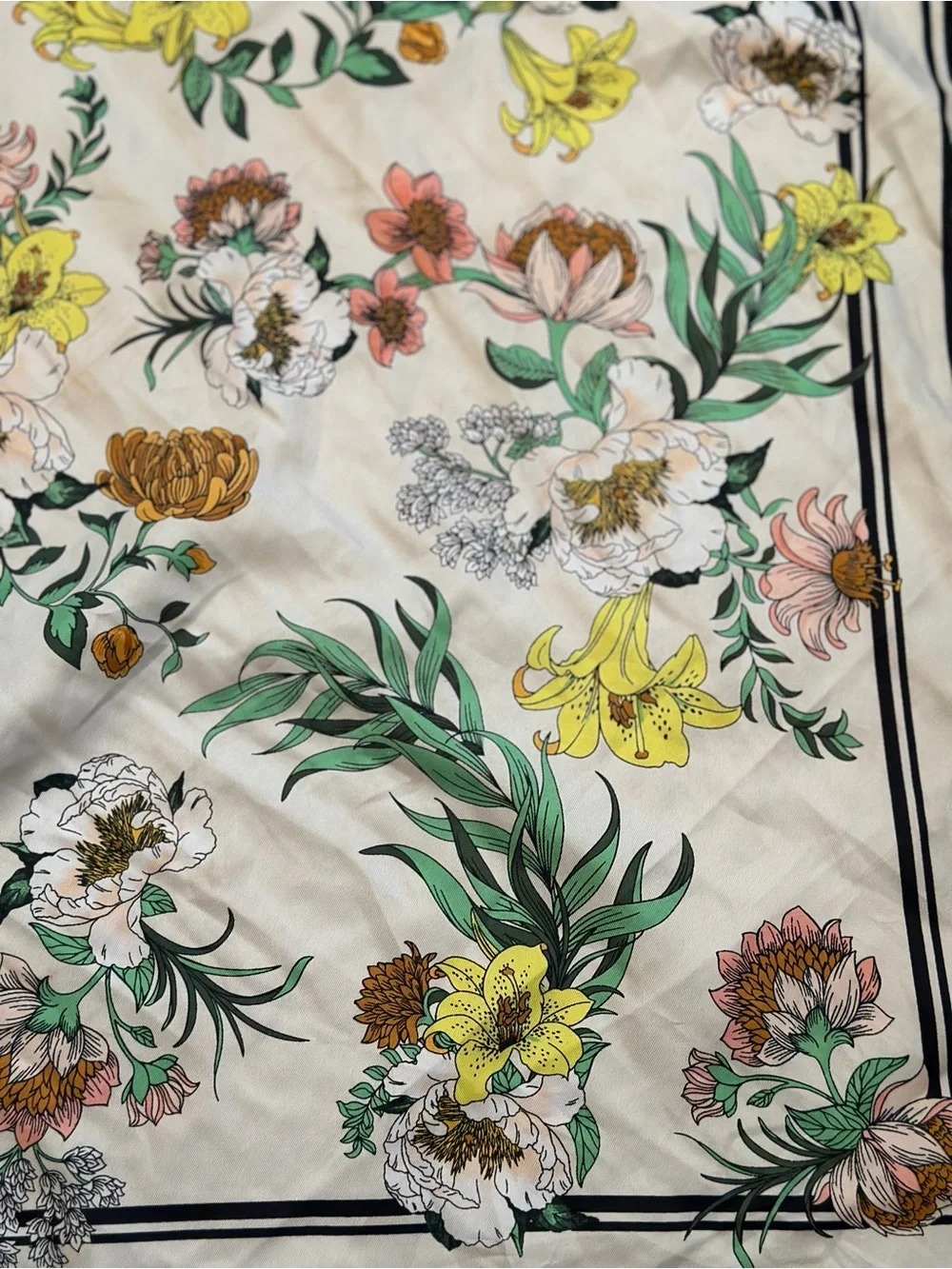 Vintage Style Floral Botanical Square Scarf 22x22 Ivory Black Border Hair Neck